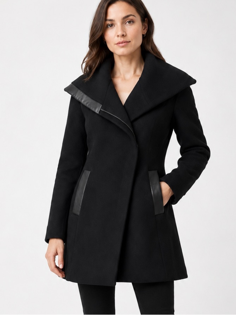 SOIA & KYO Jana Wool Blend Lambskin Leather Oversized Collar Coat S